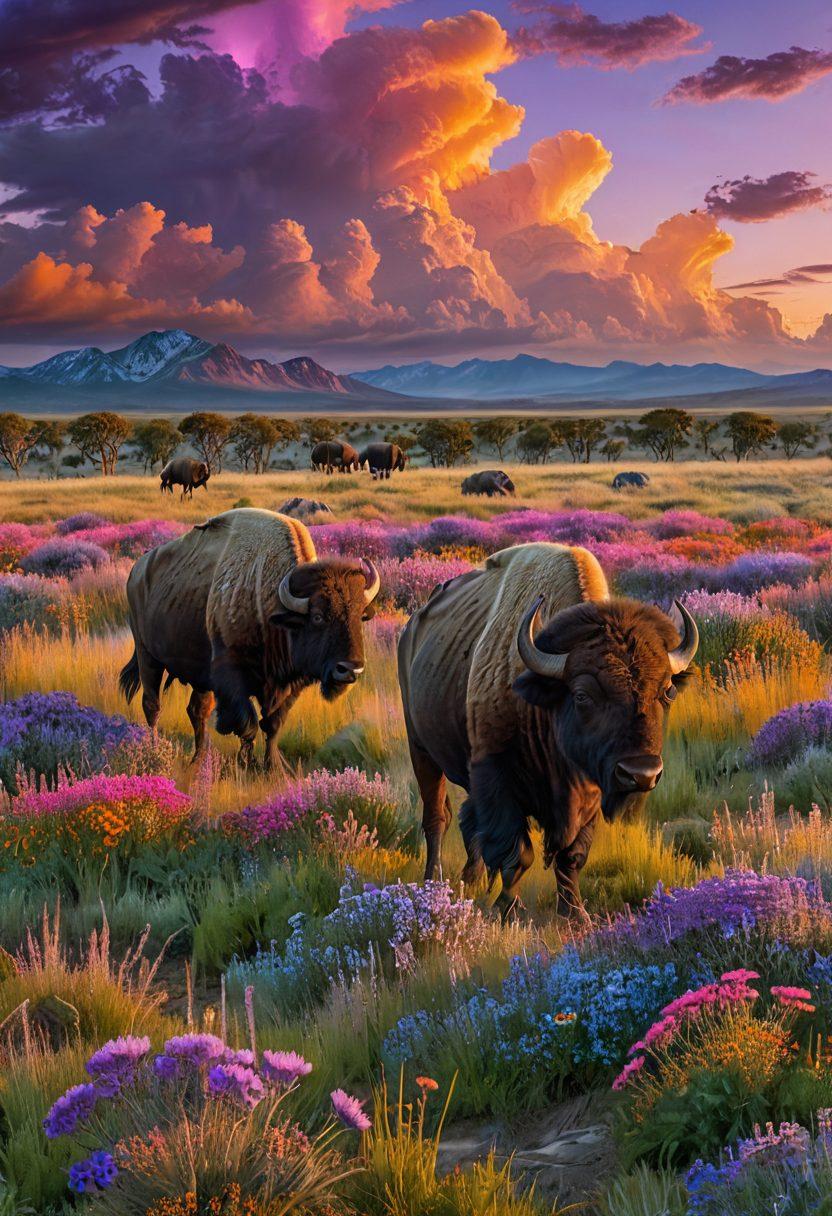 A stunning panoramic view of a vast wilderness landscape showcasing a herd of majestic buffalo roaming freely under a vibrant sunset sky. Capture the intricate details of their fur and the rich textures of the surrounding grasslands, interspersed with wildflowers. Include elements of a photographer's frame subtly around the edges, symbolizing the journey of capturing beauty in nature. super-realistic. vibrant colors. 3D.