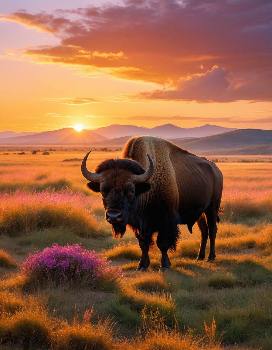 A majestic buffalo standing on a vast prairie, with golden sunlight casting long shadows. In the background, rolling hills and a vibrant sunset, creating a breathtaking atmosphere. Incorporate elements of storytelling, such as a small campfire with silhouettes of people listening to tales. The buffalo exudes strength and wisdom, embodying the spirit of adventure. painterly style. warm colors. dynamic composition.