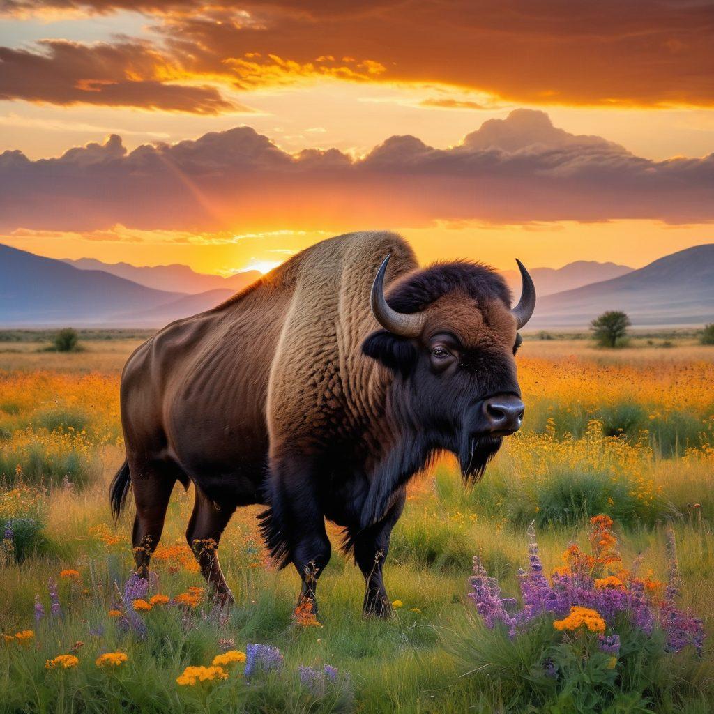 A breathtaking landscape featuring a majestic buffalo silhouetted against a vibrant sunset, its figure reflecting the golden hues of the sky. In the foreground, wildflowers sway gently, adding bursts of color to the scene. Capture the essence of freedom and the spirit of the wild, with distant mountains framing the background. The atmosphere should evoke a sense of adventure and awe. super-realistic. vibrant colors. wide angle.